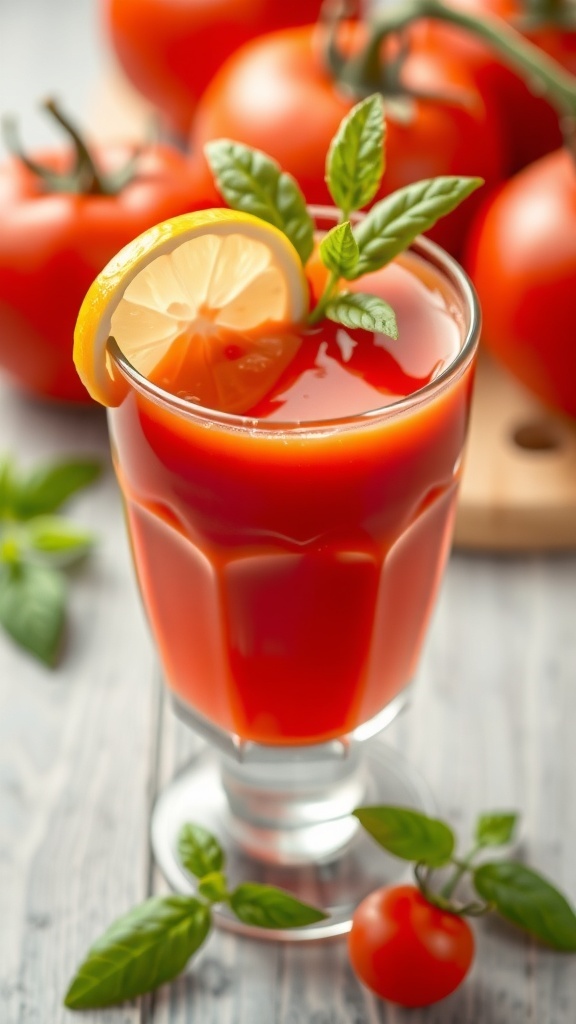 Health Benefits of Tomato Juice A glass of tomato juice garnished with lemon and basil, with fresh tomatoes in the background.